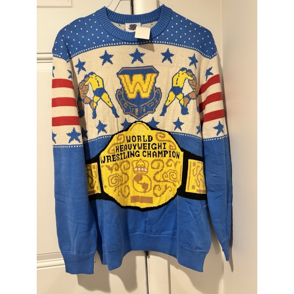 Ripple Junction Men's Blue Heavyweight Champion wrestling Ugly Sweater M NWT